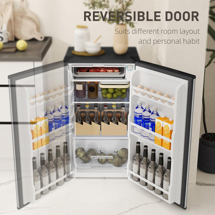 Under Counter Fridge, 91L Small Fridge with Chiller Box, Removable Shelf, Reversible Door, Adjustable Legs, Mini Refrigerator, Silver Tone