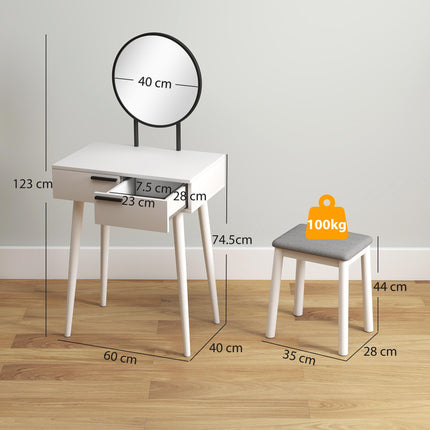 Modern Dressing Table with Round Mirror and Stool, Makeup Vanity Table with 2 Drawers for Bedroom, Living Room, 60 x 40 x 123 cm, White