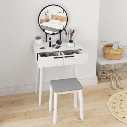 Modern Dressing Table with Round Mirror and Stool, Makeup Vanity Table with 2 Drawers for Bedroom, Living Room, 60 x 40 x 123 cm, White