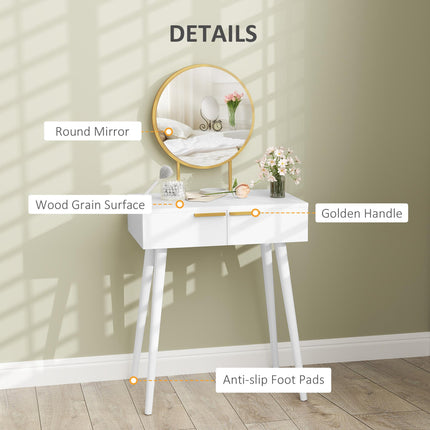 Elegant Dressing Table, with Round Mirror, 60 x 40 x 123 cm - White