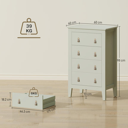 Bedroom Chest of Drawers, Modern 4 Drawer Dresser Cabinet with PU Leather Handles and Metal Runners for Living Room, Hallway, Entryway, 60 x 40 x 98 cm, Green