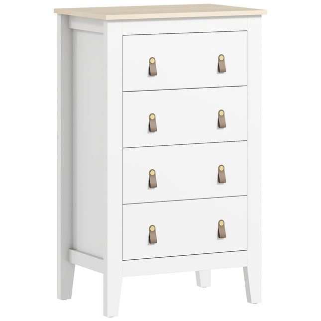 Bedroom Chest of Drawers, Modern 4 Drawer Dresser Cabinet with PU Leather Handles and Metal Runners for Living Room, Hallway, Entryway, 60 x 40 x 98 cm, White