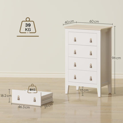 Bedroom Chest of Drawers, Modern 4 Drawer Dresser Cabinet with PU Leather Handles and Metal Runners for Living Room, Hallway, Entryway, 60 x 40 x 98 cm, White