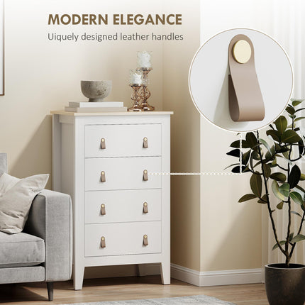 Bedroom Chest of Drawers, Modern 4 Drawer Dresser Cabinet with PU Leather Handles and Metal Runners for Living Room, Hallway, Entryway, 60 x 40 x 98 cm, White