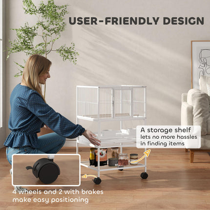 Bird Cage with Rolling Stand, Acrylic Viewing Panels, Storage Shelf, for Budgie, Parakeet, 48 x 46 x 83 cm
