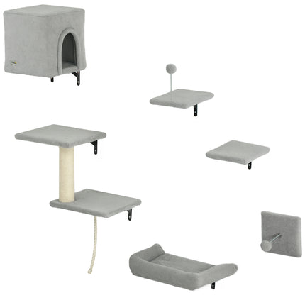 6-Piece Cat Wall Shelves Set with Condo, Cat Wall Furniture with Platforms, Sisal Scratching Post, Bed, Toy Ball, Grey