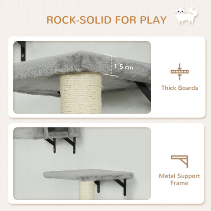 6-Piece Cat Wall Shelves Set with Condo, Cat Wall Furniture with Platforms, Sisal Scratching Post, Bed, Toy Ball, Grey