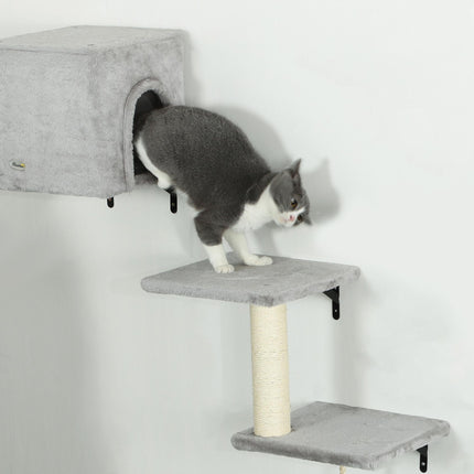 6-Piece Cat Wall Shelves Set with Condo, Cat Wall Furniture with Platforms, Sisal Scratching Post, Bed, Toy Ball, Grey