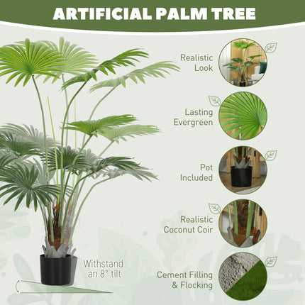 145cm Artificial Palm Tree, Decorative Artificial Plant with Lifelike PEVA Leaves and Coconut Coir, Fake Tree with Plastic Pot and Flocking for Home Office Decor, Green