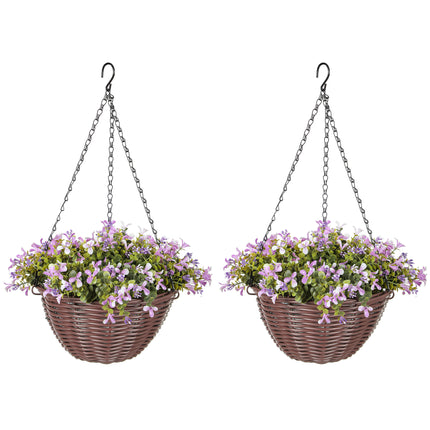 Artificial Flowers in Basket Set of 2, Artificial Hanging Baskets with 75 Leaves and 15 Flowers in Pot, Decorative Plant for Home Office Decor, Purple