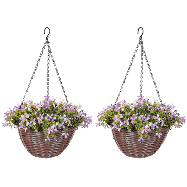 Artificial Flowers in Basket Set of 2, Artificial Hanging Baskets with 75 Leaves and 15 Flowers in Pot, Decorative Plant for Home Office Decor, Purple