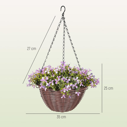 Artificial Flowers in Basket Set of 2, Artificial Hanging Baskets with 75 Leaves and 15 Flowers in Pot, Decorative Plant for Home Office Decor, Purple