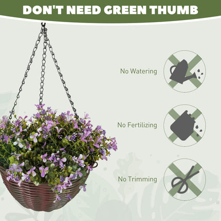 Artificial Flowers in Basket Set of 2, Artificial Hanging Baskets with 75 Leaves and 15 Flowers in Pot, Decorative Plant for Home Office Decor, Purple