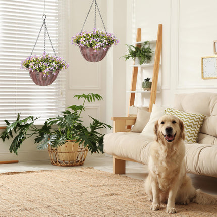 Artificial Flowers in Basket Set of 2, Artificial Hanging Baskets with 75 Leaves and 15 Flowers in Pot, Decorative Plant for Home Office Decor, Purple