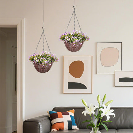 Artificial Flowers in Basket Set of 2, Artificial Hanging Baskets with 75 Leaves and 15 Flowers in Pot, Decorative Plant for Home Office Decor, Purple
