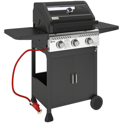 3 Burner Gas BBQ Grill with Thermometer and See-Through Lid - Black