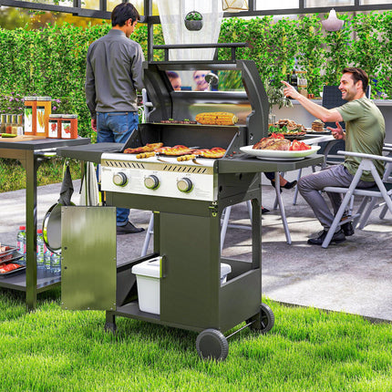 3 Burner Gas BBQ Grill with Thermometer and See-Through Lid - Black