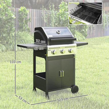 3 Burner Gas BBQ Grill with Thermometer and See-Through Lid - Black