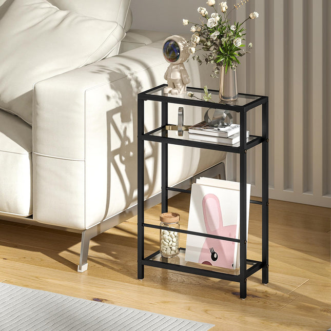 3-Tier Side Table, Narrow End Table with Storage Shelf and Tempered Glass Tabletop for Small Spaces, Black