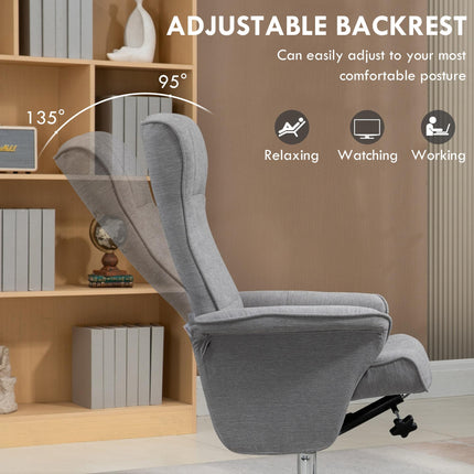 Swivel Recliner Chair with Footstool, Velvet Recliner Armchair with Ottoman, Steel Base, Upholstered Reclining Chair for Living Room, Bedroom, Office, Grey