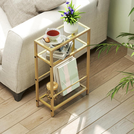 3-Tier Side Table, Narrow End Table with Storage Shelf and Tempered Glass Tablet