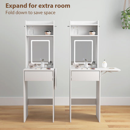 Small Vanity Desk with Mirror and LED Lights, Compact Dressing Table with Drop Leaf, Open Shelves and Drawer, White