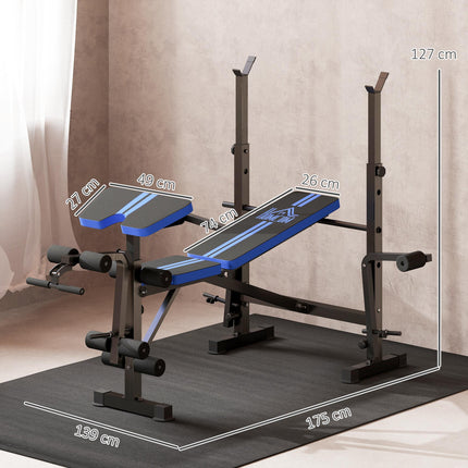Adjustable Weight Bench with Leg Extension, Barbell Rack, Preacher Curl Pad, Butterfly, Multi-Function Home Gym Bench for Strength Training, Blue