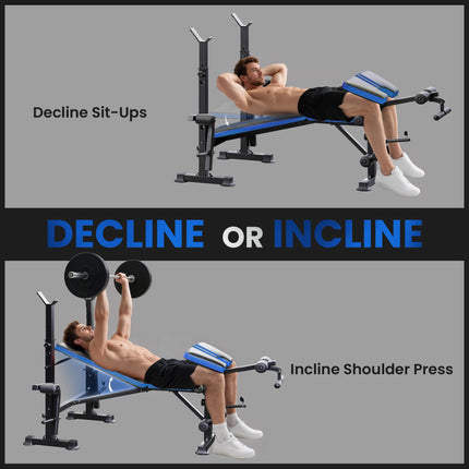 Adjustable Weight Bench with Leg Extension, Barbell Rack, Preacher Curl Pad, Butterfly, Multi-Function Home Gym Bench for Strength Training, Blue