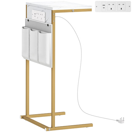 C-Shaped Bedside Table with Charging Station, Marble Grain Side Table with Power