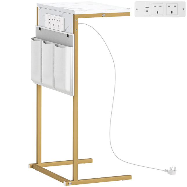 C-Shaped Bedside Table with Charging Station, Marble Grain Side Table with Power