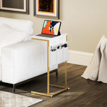 C-Shaped Bedside Table with Charging Station, Marble Grain Side Table with Power