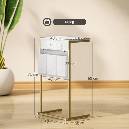 C-Shaped Bedside Table with Charging Station, Marble Grain Side Table with Power