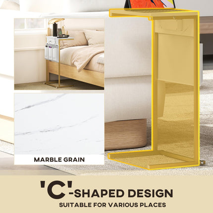 C-Shaped Bedside Table with Charging Station, Marble Grain Side Table with Power