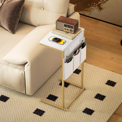 C-Shaped Bedside Table with Charging Station, Marble Grain Side Table with Power