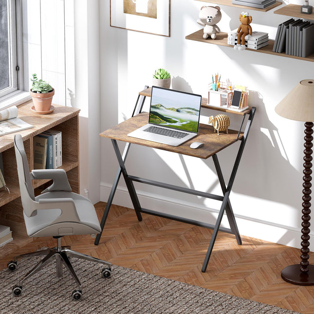 81.5 cm Folding Computer Desk with Monitor Shelf - Rustic Brown