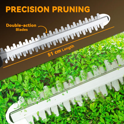20" Cordless Hedge Trimmer, 18V Electric Hedge Cutter with 51cm Dual Action Blade, 2 x 4000mAh Batteries and Brushless Motor for Garden Branches, Shrubs, Twigs, Orange