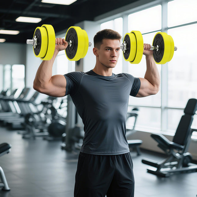 20KGS 2-In-1 Dumbbell & Barbell Adjustable Set Strength Muscle Exercise Fitness Plate Bar Clamp Rod Home Gym Sports Area, Yellow