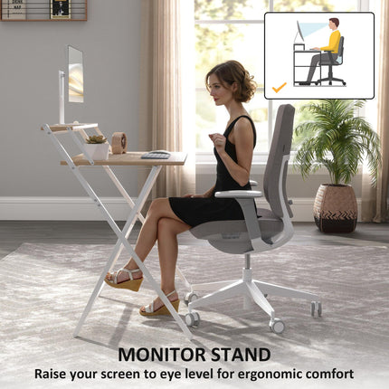 81.5 cm Folding Computer Desk with Monitor Shelf - Natural Wood Finish