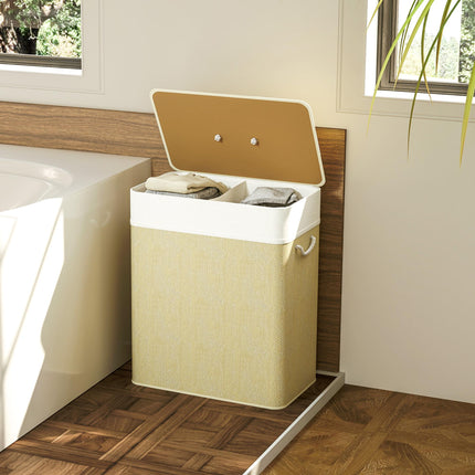 2 Section Laundry Basket with Lid, 100L Bamboo Laundry Hamper with Handles, Removable and Washable Liner, Cream White