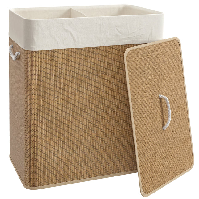 2 Section Laundry Basket with Lid, 100L Bamboo Laundry Hamper with Handles, Removable and Washable Liner, Brown