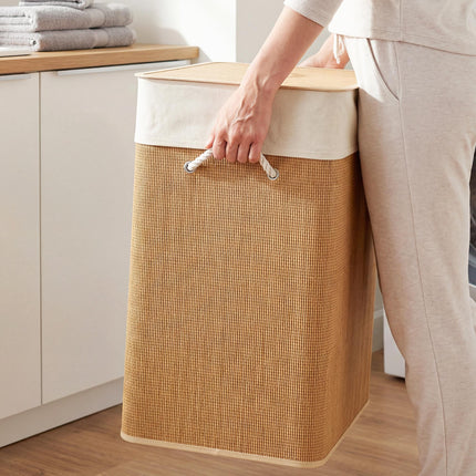 2 Section Laundry Basket with Lid, 100L Bamboo Laundry Hamper with Handles, Removable and Washable Liner, Brown