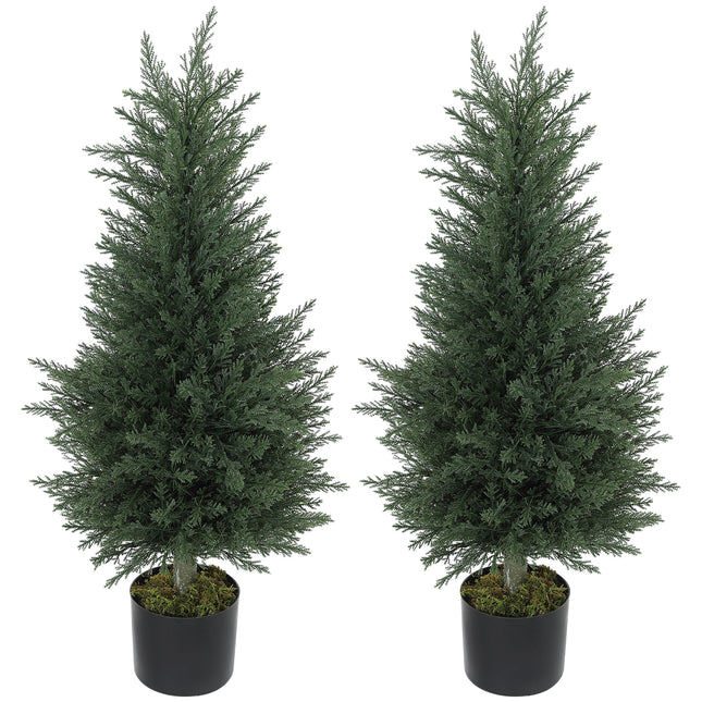 Artificial Cypress Tree, 90 cm Fake Cypress Tree with Plastic Pots, UV-Resistant Faux Plants for Garden Front Porch Decoration, 2 Pack
