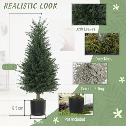 Artificial Cypress Tree, 90 cm Fake Cypress Tree with Plastic Pots, UV-Resistant Faux Plants for Garden Front Porch Decoration, 2 Pack