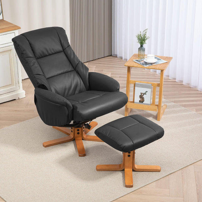 Rocking Recliner Chair with Footstool, PU Leather Recliner Armchair with Wood Base, Upholstered Reclining Chair for Living Room Bedroom, Black
