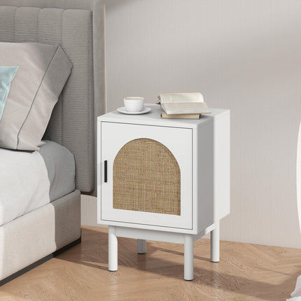Rattan Bedside Table for Bedroom - White