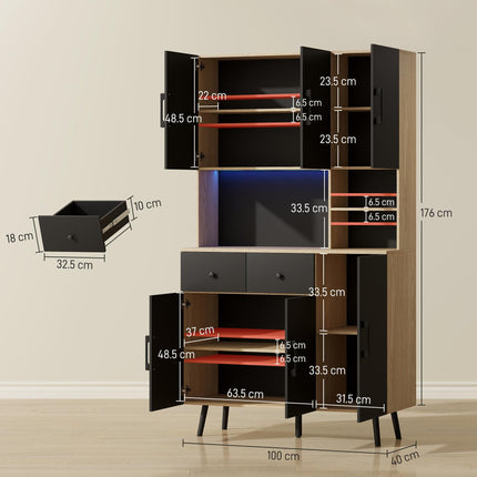 176 cm Kitchen Cupboard with LED Lights - Oak and Black