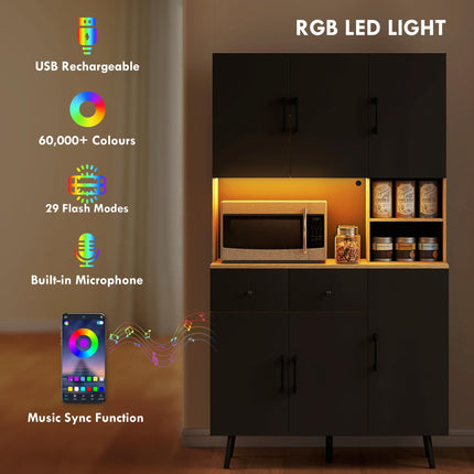 176 cm Kitchen Cupboard with LED Lights - Oak and Black