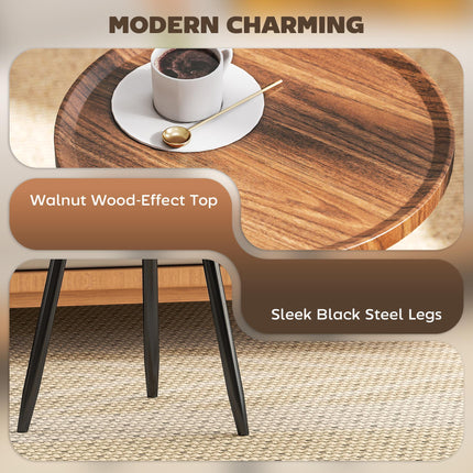 Modern Round Coffee Table with Steel Frame for Small Space, Sofa Beside, Living Room, Chestnut Wood Effect
