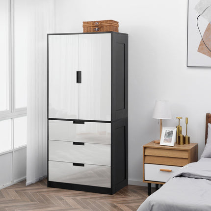 2 Door Wardrobe, Modern Wardrobe with 3 Drawers and Hanging Rod for Bedroom, High Gloss White