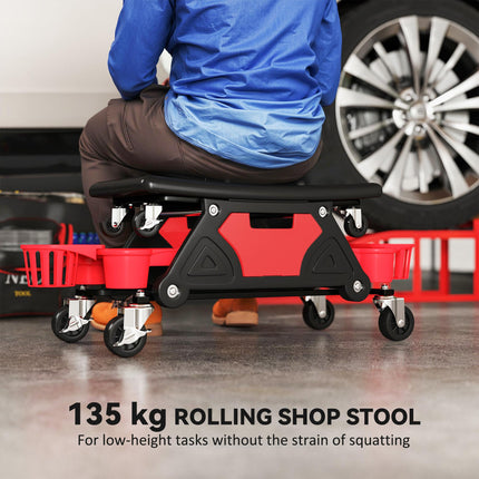 Rolling Mechanic Stool, 135kg Capacity Workshop Stool with 360° Swivel Wheels, Roller Creeper Seat with Slide Out Tool Trays, Drawer, Bottle Holders for Garage, Shop, Auto Repair, Red